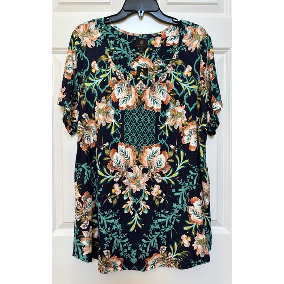 JM COLLECTION WOMENS TOPS FLORAL PULLOVER SHORT SLEEVE CREW NECK KNIT MULTICOLOR - Picture 1 of 7